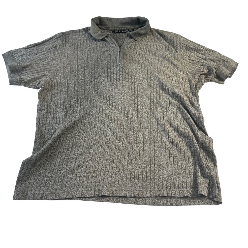 John Henry Mens Grey Ribbed Quarter Zip Polo Shirt Short Sleeve XL Heathered